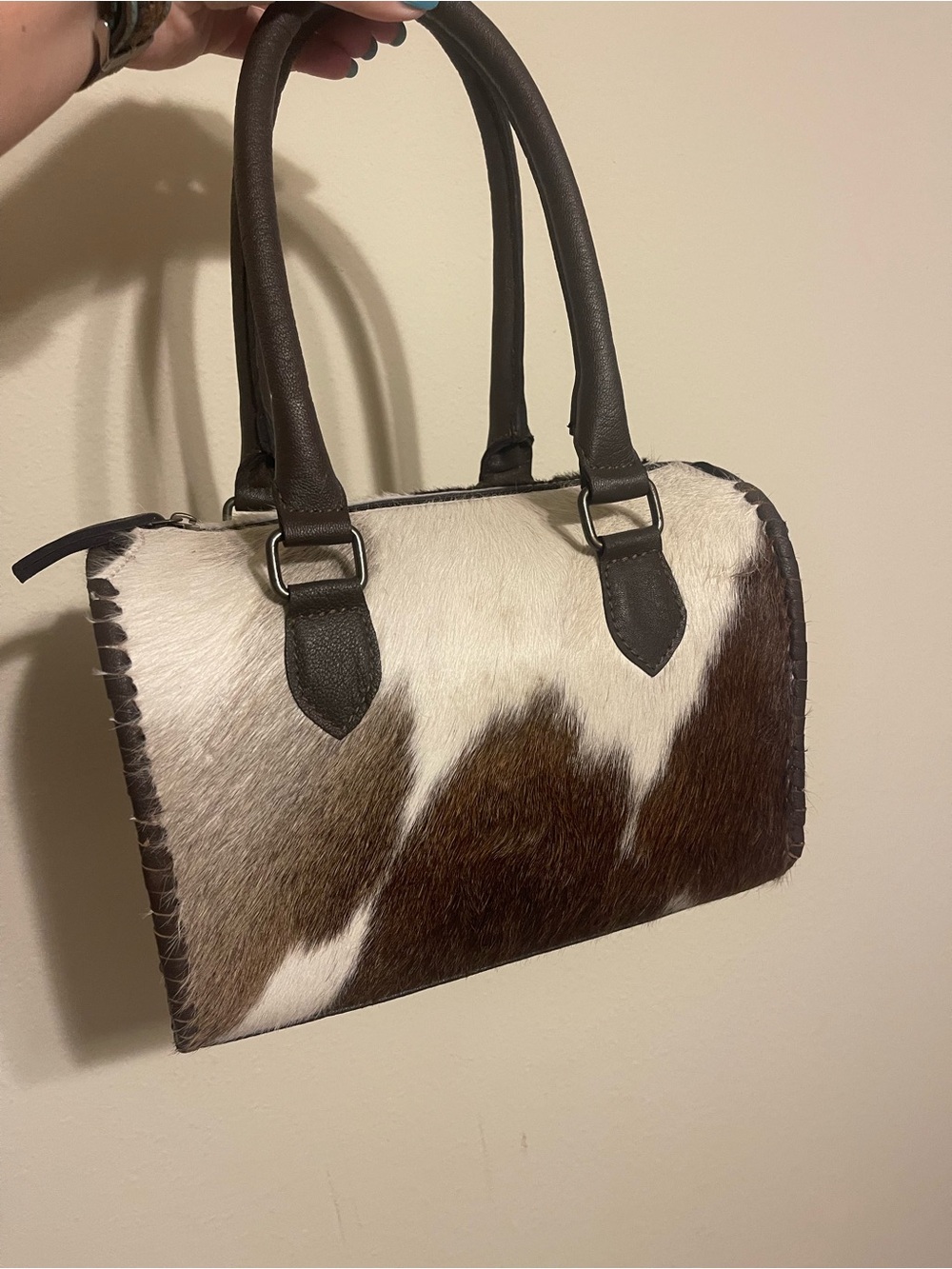 Brown & White Cowhide Leather Speedy Handbag